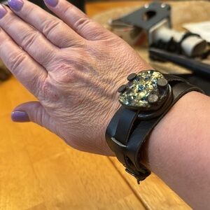 Adjustable genuine leather bracelet raku, nail head, pottery
